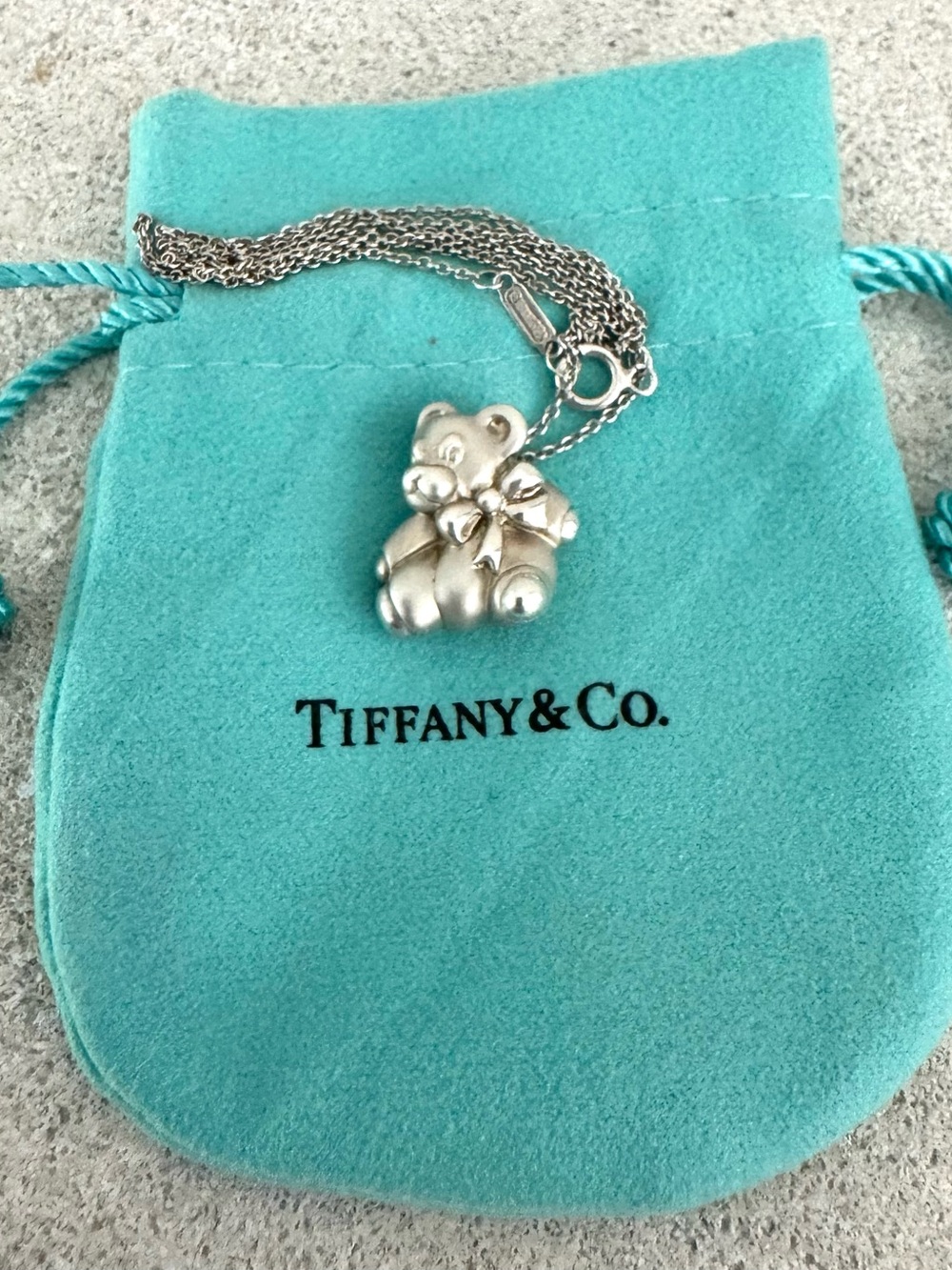 TIFFANY & CO.. Sterling Silver Teddy Bear Necklace 16” Original Chain + Pouch